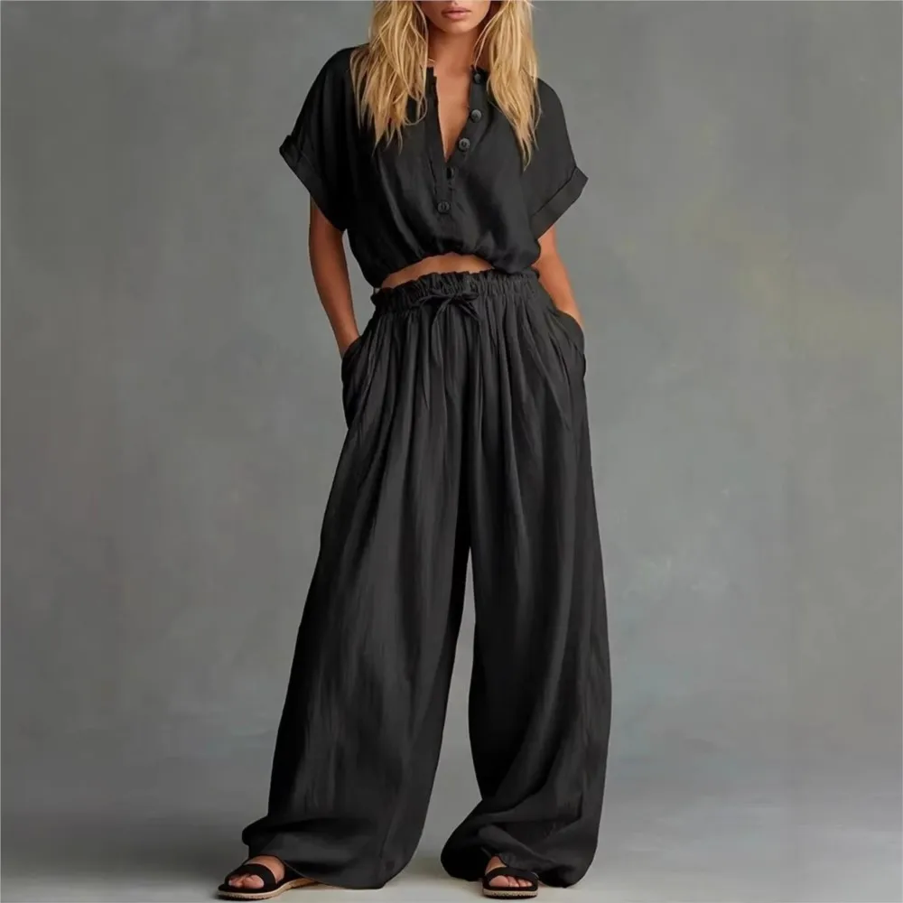 Single-breasted Short-sleeved Top Trousers Two-piece Suit Women's Fashion Lace-up Waist Casual Solid Color Wide-leg Pants Suit thumbnail 6