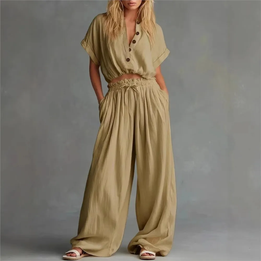 Single-breasted Short-sleeved Top Trousers Two-piece Suit Women's Fashion Lace-up Waist Casual Solid Color Wide-leg Pants Suit thumbnail 3