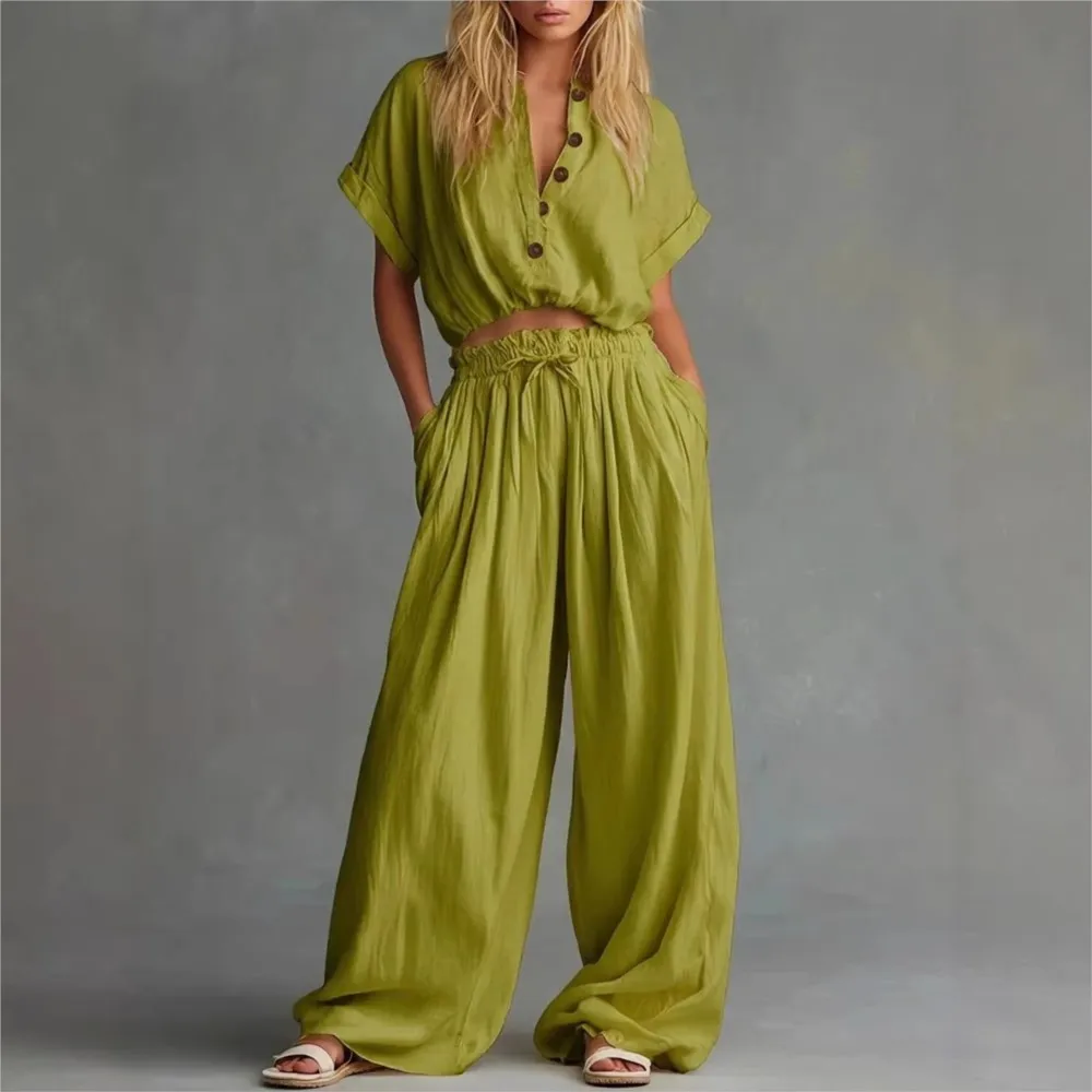 Single-breasted Short-sleeved Top Trousers Two-piece Suit Women's Fashion Lace-up Waist Casual Solid Color Wide-leg Pants Suit thumbnail 2