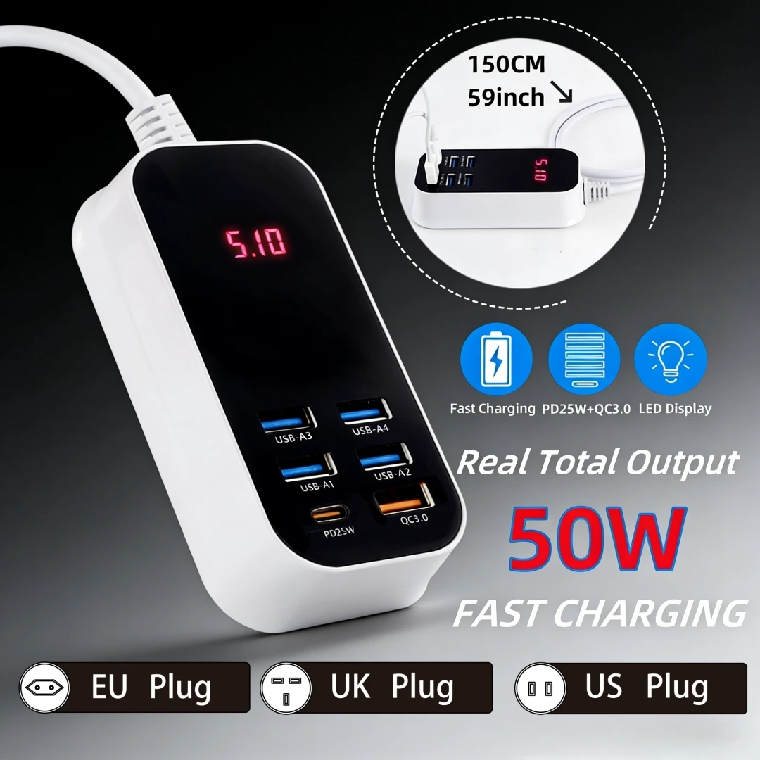 Real 50W 6-Port USB Type C PD QC3.0 Charger Phone Fast Charging LED Extension Cord Power Adapter Desktop Wall for iPhone Samsung thumbnail 3
