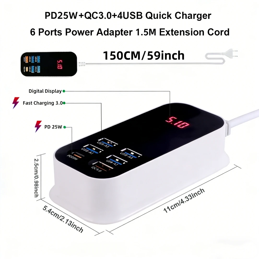 Real 50W 6-Port USB Type C PD QC3.0 Charger Phone Fast Charging LED Extension Cord Power Adapter Desktop Wall for iPhone Samsung thumbnail 2