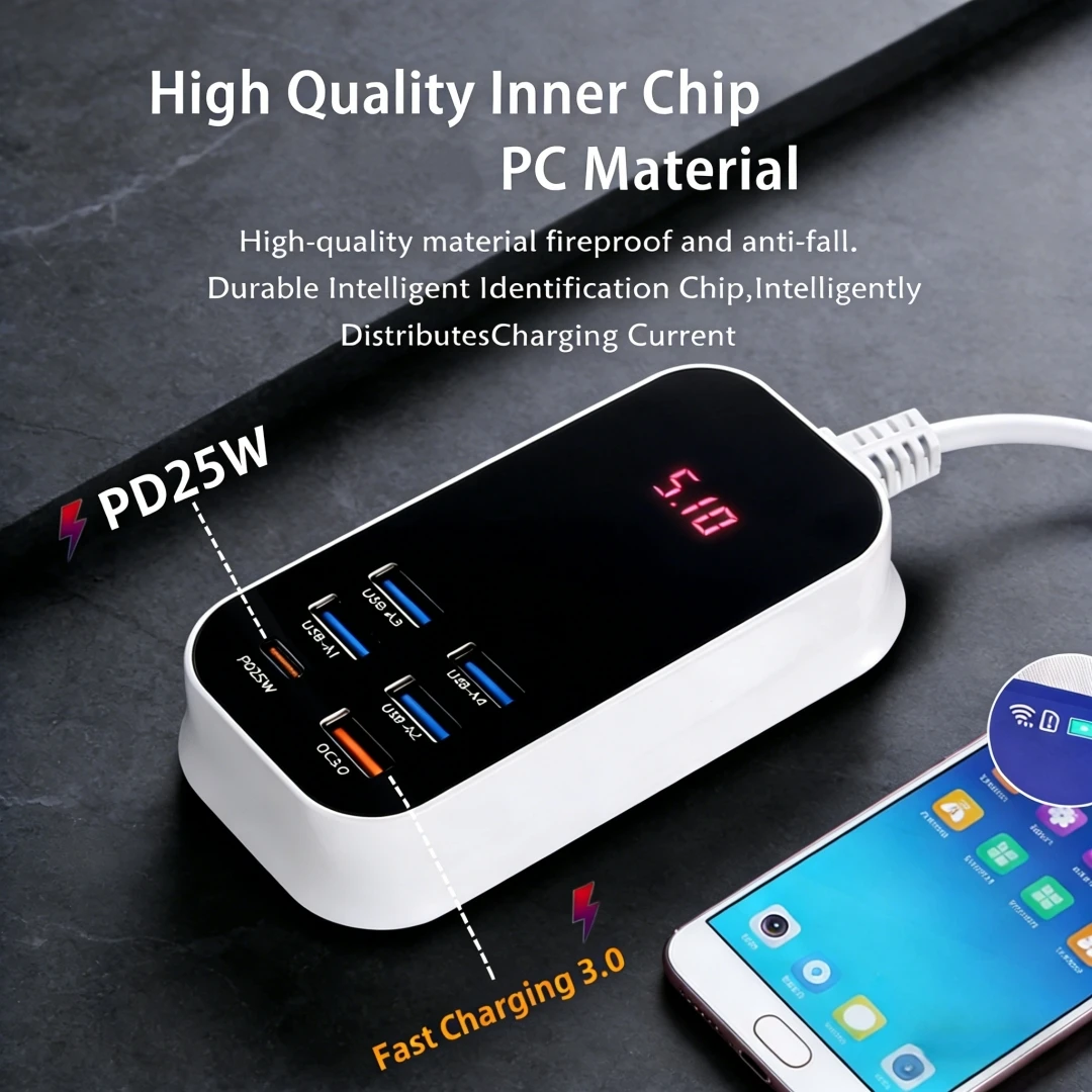 Real 50W 6-Port USB Type C PD QC3.0 Charger Phone Fast Charging LED Extension Cord Power Adapter Desktop Wall for iPhone Samsung thumbnail 4