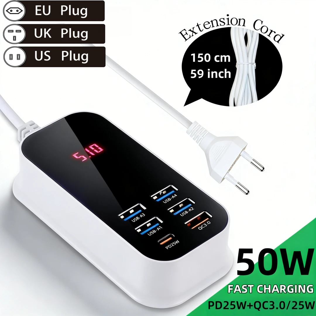 Real 50W 6-Port USB Type C PD QC3.0 Charger Phone Fast Charging LED Extension Cord Power Adapter Desktop Wall for iPhone Samsung
