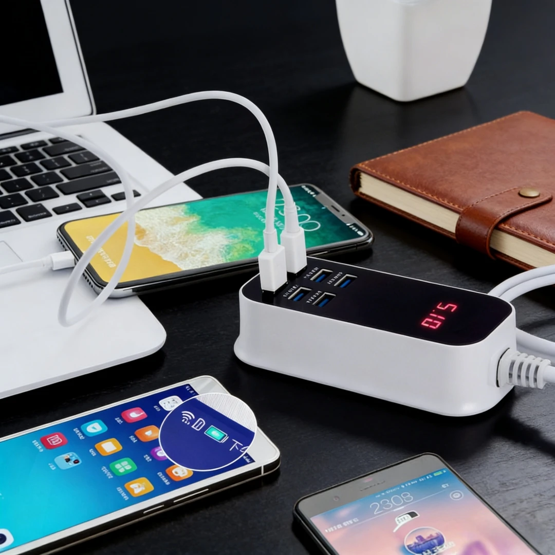 Real 50W 6-Port USB Type C PD QC3.0 Charger Phone Fast Charging LED Extension Cord Power Adapter Desktop Wall for iPhone Samsung thumbnail 5