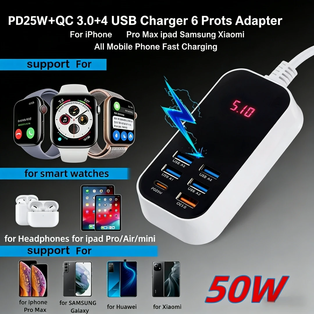Real 50W 6-Port USB Type C PD QC3.0 Charger Phone Fast Charging LED Extension Cord Power Adapter Desktop Wall for iPhone Samsung thumbnail 6