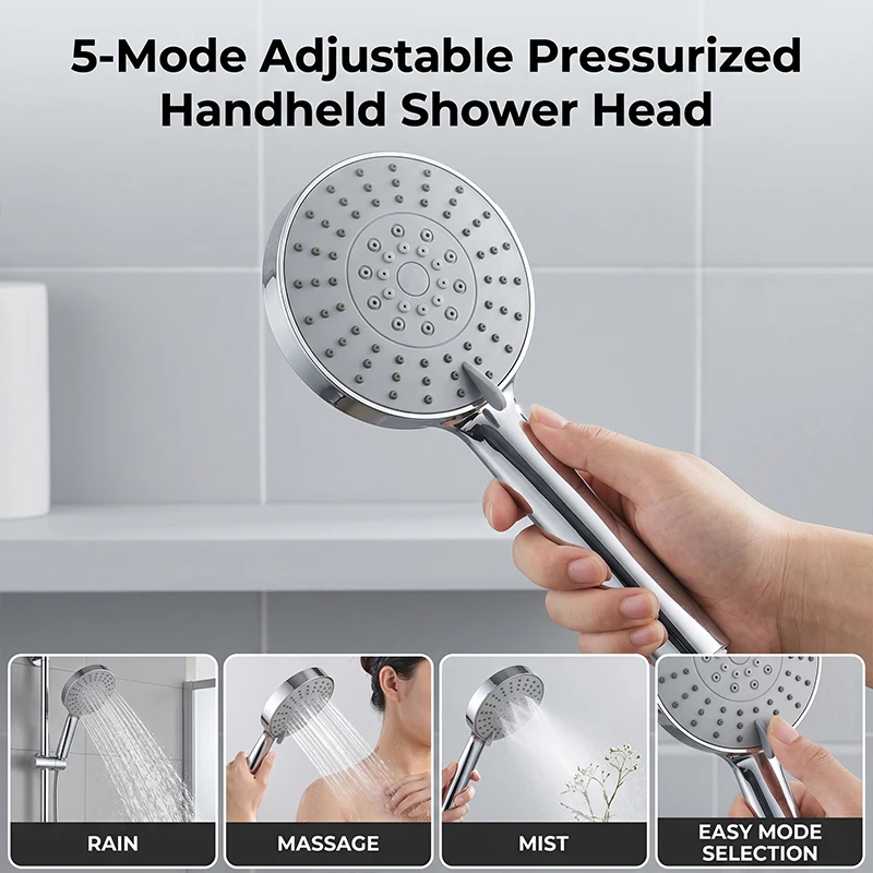 5Mode High Pressure Shower Head with 1.5m Hose Universal Water Saving Handheld Showerhead Set Massaging SPA Bathroom Accessories thumbnail 5