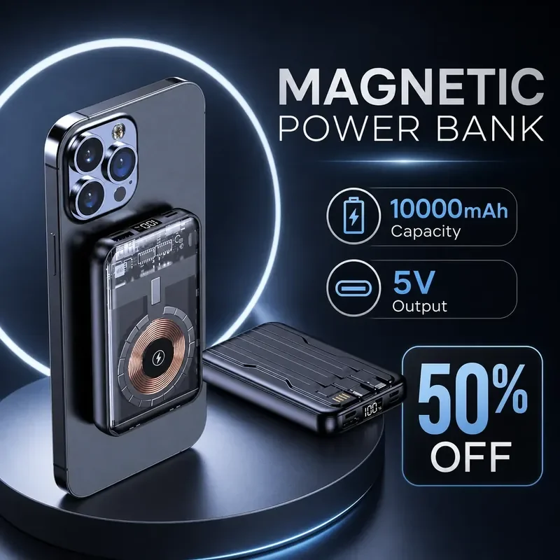 20000mAh 5V Battery Power Bank for Magnetic Fast Charging Portable Mobile Phone Power Supply with Built-in Cable Wireless