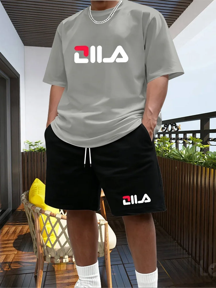 Men's Summer Beach Sports Suit Casual Outdoor Basketball Sports Comfortable Two-Piece Set with Fashion Loose T-Shirt And Shorts