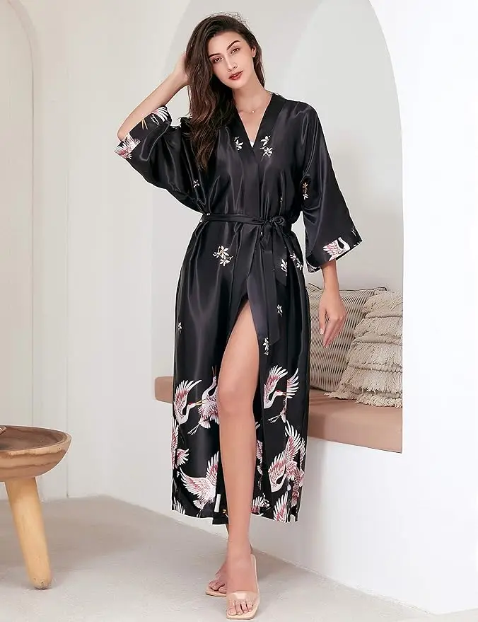 PLUS SIZE Long Kimono Bathrobe Satin Women Sleepwear Nightgown Print Crane Bride Bridesmaid Wedding Robe Dress Loose Homewear thumbnail 4
