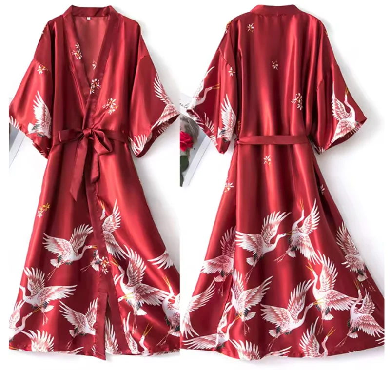 PLUS SIZE Long Kimono Bathrobe Satin Women Sleepwear Nightgown Print Crane Bride Bridesmaid Wedding Robe Dress Loose Homewear
