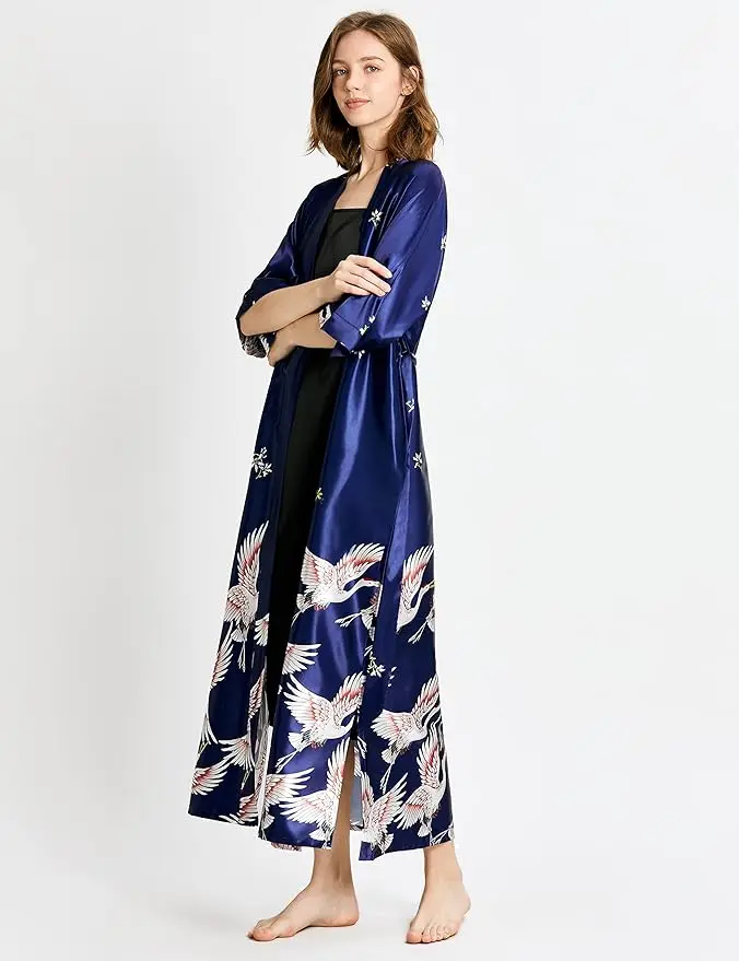 PLUS SIZE Long Kimono Bathrobe Satin Women Sleepwear Nightgown Print Crane Bride Bridesmaid Wedding Robe Dress Loose Homewear thumbnail 5