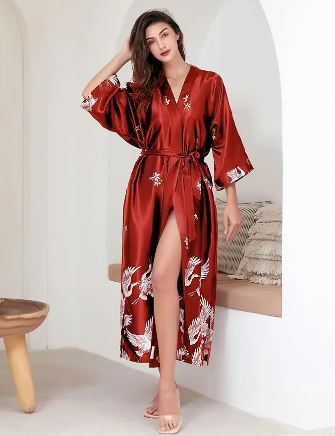 PLUS SIZE Long Kimono Bathrobe Satin Women Sleepwear Nightgown Print Crane Bride Bridesmaid Wedding Robe Dress Loose Homewear thumbnail 6
