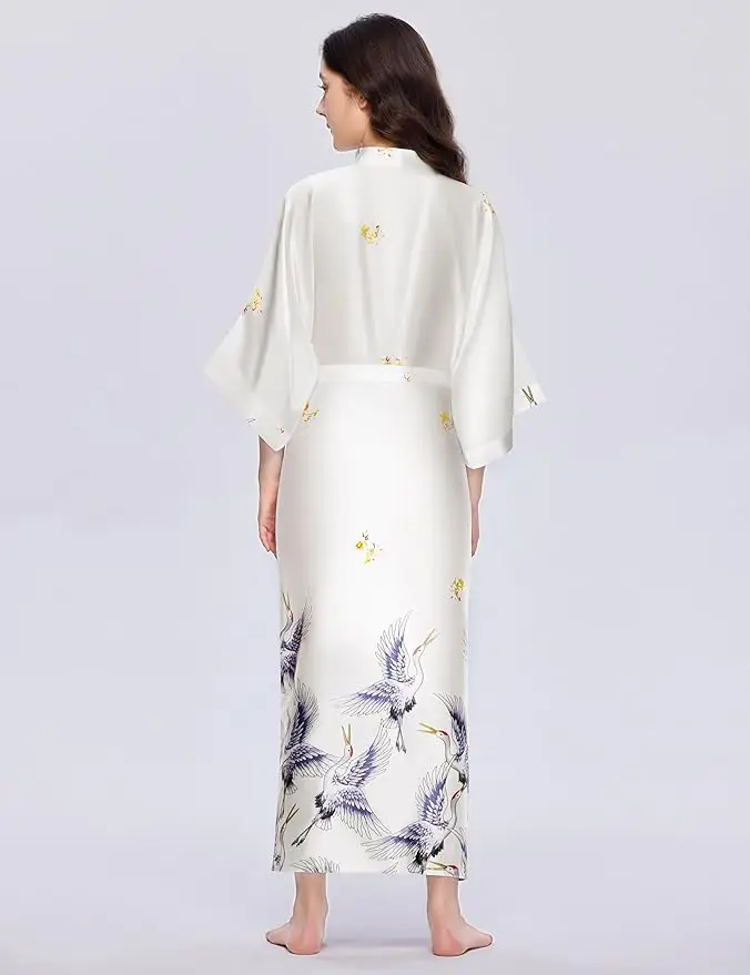 PLUS SIZE Long Kimono Bathrobe Satin Women Sleepwear Nightgown Print Crane Bride Bridesmaid Wedding Robe Dress Loose Homewear thumbnail 2