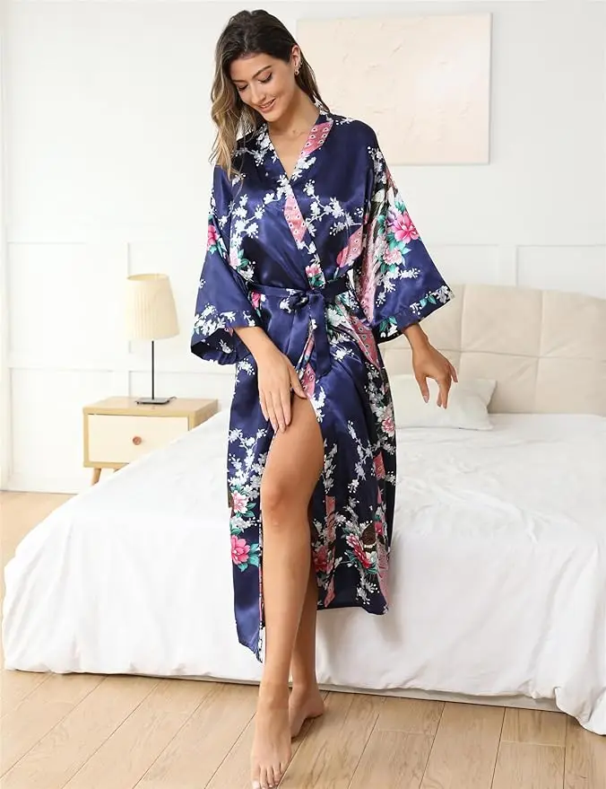 Womens Silk Satin Kimono Robes Long Sleepwear Dressing Gown Floral Peacock Printed Pattern Party Wedding Bridesmaid Bathrobe thumbnail 4