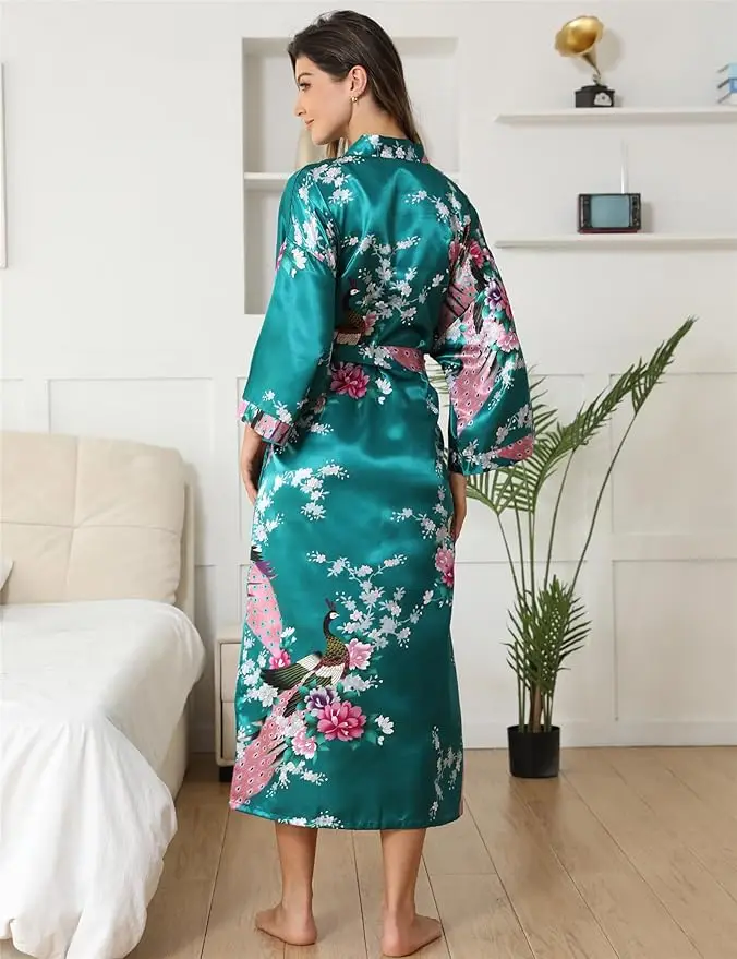Womens Silk Satin Kimono Robes Long Sleepwear Dressing Gown Floral Peacock Printed Pattern Party Wedding Bridesmaid Bathrobe thumbnail 2