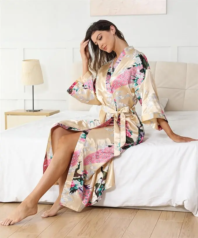 Womens Silk Satin Kimono Robes Long Sleepwear Dressing Gown Floral Peacock Printed Pattern Party Wedding Bridesmaid Bathrobe thumbnail 5