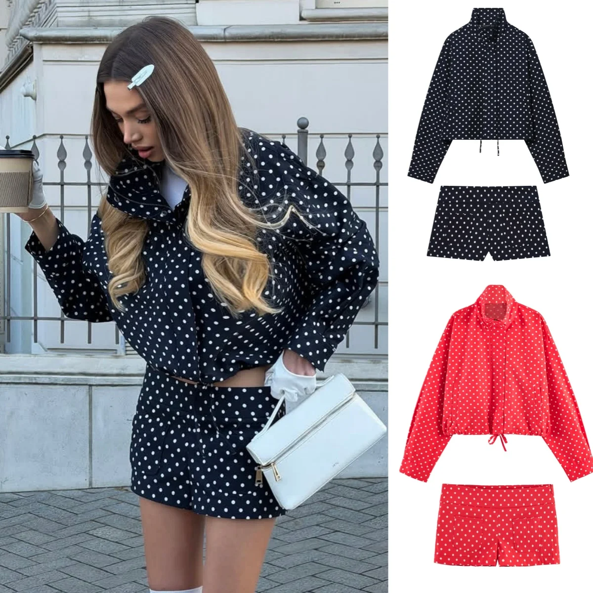 BSAY Casual 2 Pcs Set Tracksuit 2026 Summer Women's Loose Stand Collar Polka Dot Zip Jacket or Chic Female Shorts thumbnail 2