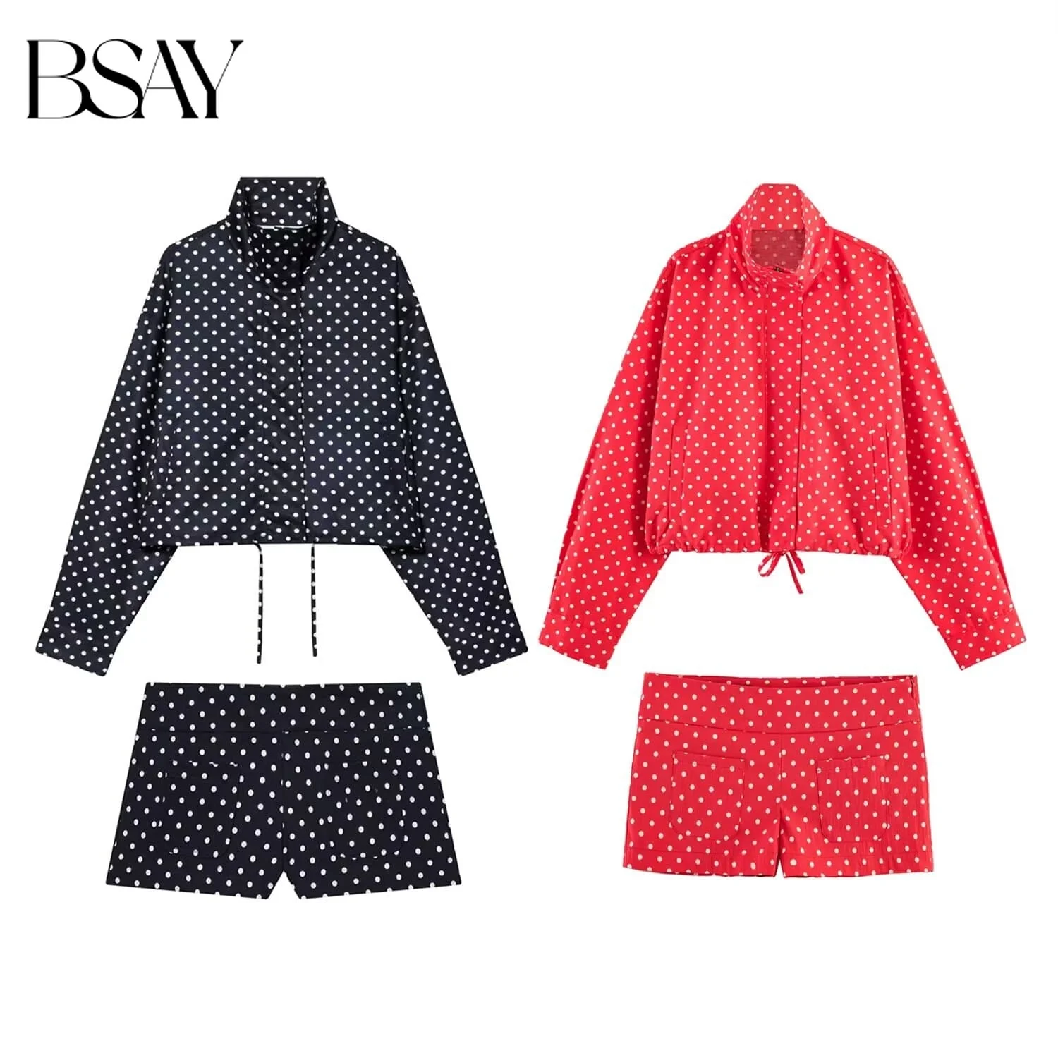 BSAY Casual 2 Pcs Set Tracksuit 2026 Summer Women's Loose Stand Collar Polka Dot Zip Jacket or Chic Female Shorts thumbnail 3