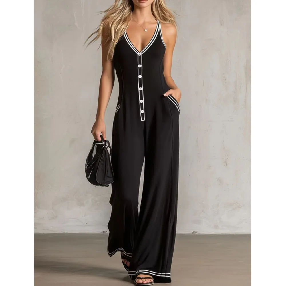 Elegant Button Wide Leg Jumpsuit Summer New Women's Fashion Sexy V-neck Sleeveless Loose Jumpsuit With Pockets Roupas Feminina thumbnail 5