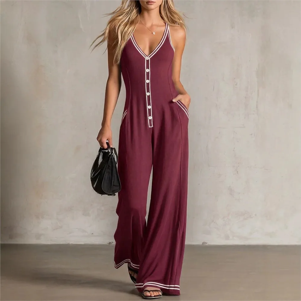 Elegant Button Wide Leg Jumpsuit Summer New Women's Fashion Sexy V-neck Sleeveless Loose Jumpsuit With Pockets Roupas Feminina
