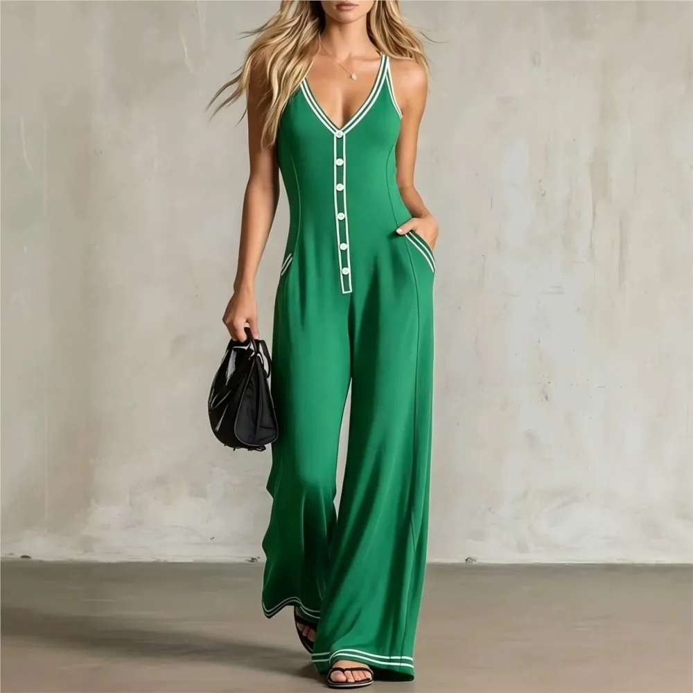 Elegant Button Wide Leg Jumpsuit Summer New Women's Fashion Sexy V-neck Sleeveless Loose Jumpsuit With Pockets Roupas Feminina thumbnail 3
