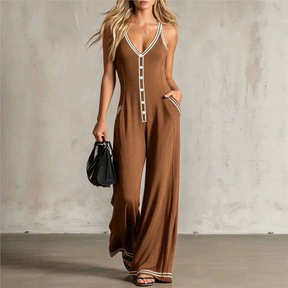 Elegant Button Wide Leg Jumpsuit Summer New Women's Fashion Sexy V-neck Sleeveless Loose Jumpsuit With Pockets Roupas Feminina thumbnail 4