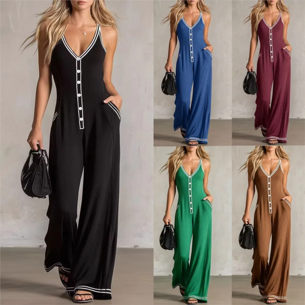 Elegant Button Wide Leg Jumpsuit Summer New Women's Fashion Sexy V-neck Sleeveless Loose Jumpsuit With Pockets Roupas Feminina thumbnail 6