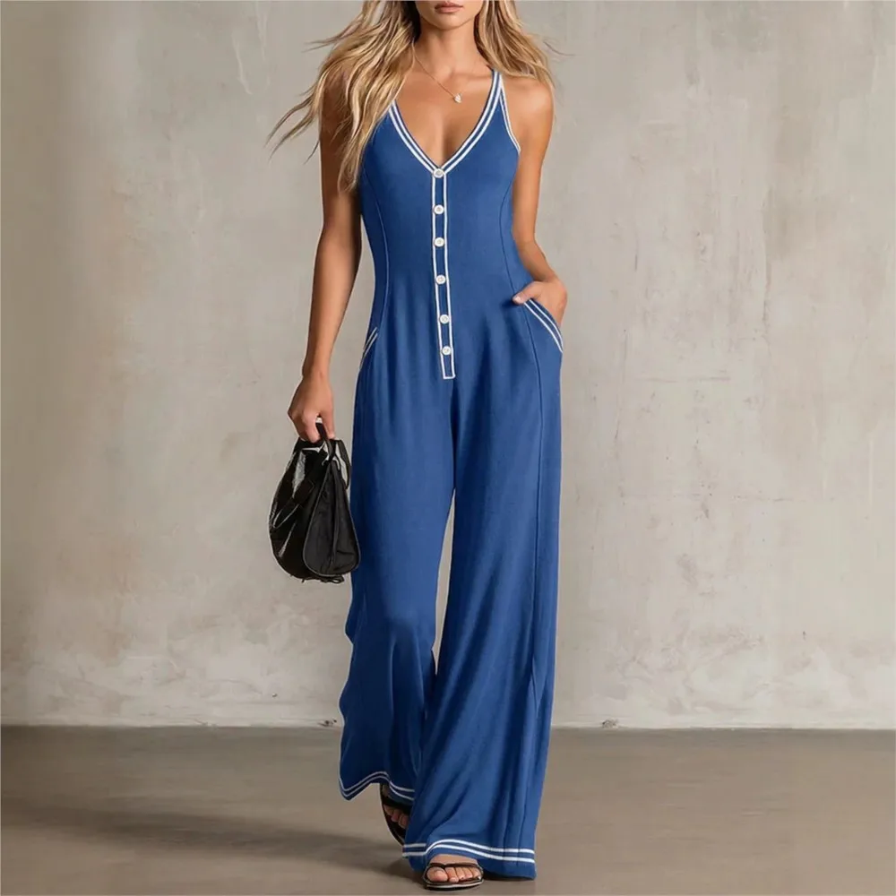 Elegant Button Wide Leg Jumpsuit Summer New Women's Fashion Sexy V-neck Sleeveless Loose Jumpsuit With Pockets Roupas Feminina thumbnail 2