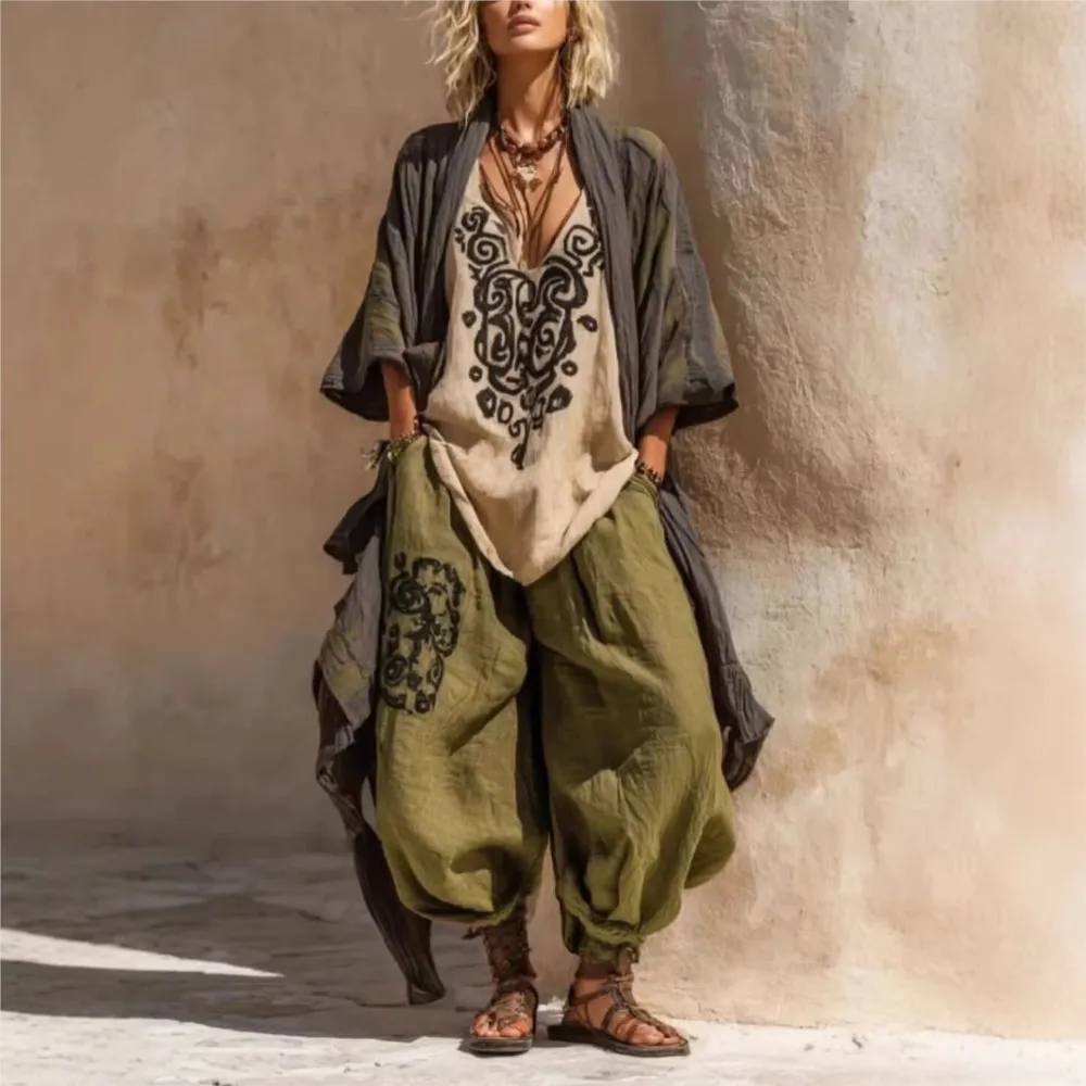 Fashion Women's Bohemian Retro Casual Printed 3-piece Set Spring Autumn New Loose Wide Leg Pants Pocket Female Streetwear Set thumbnail 3
