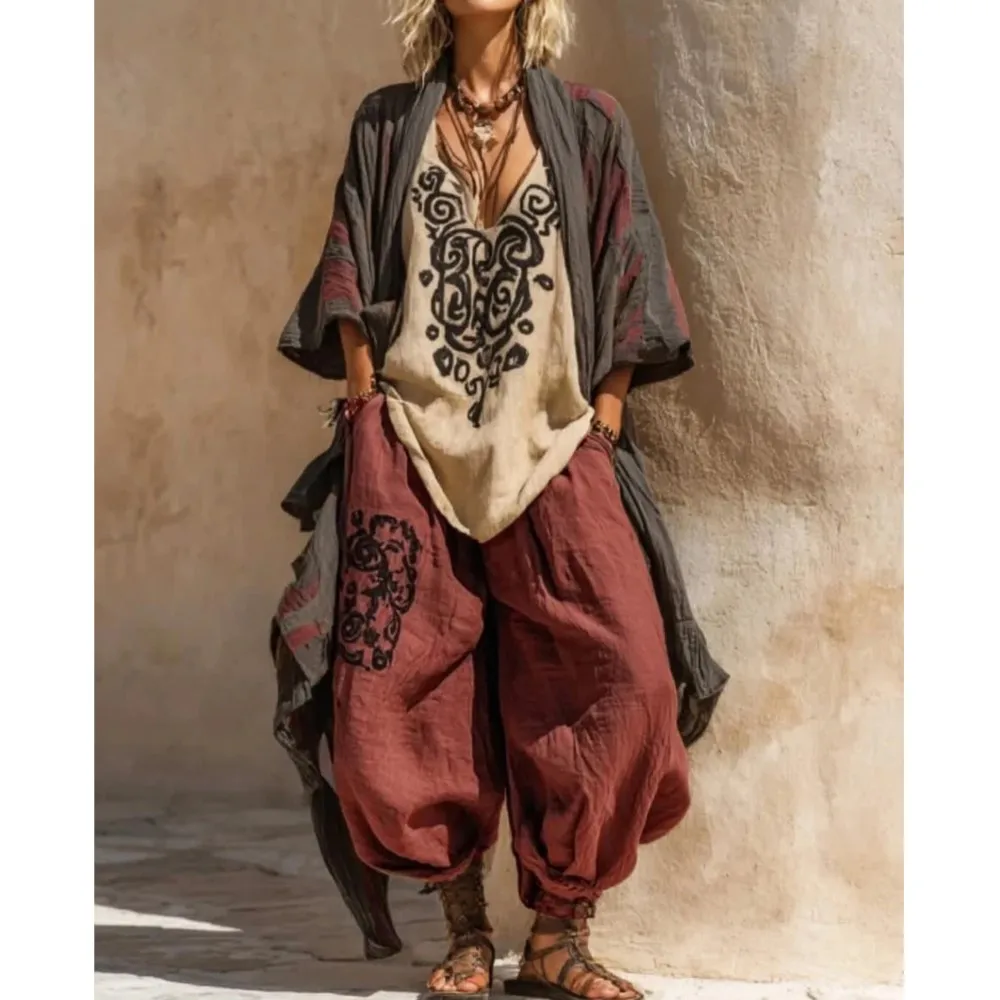 Fashion Women's Bohemian Retro Casual Printed 3-piece Set Spring Autumn New Loose Wide Leg Pants Pocket Female Streetwear Set thumbnail 5