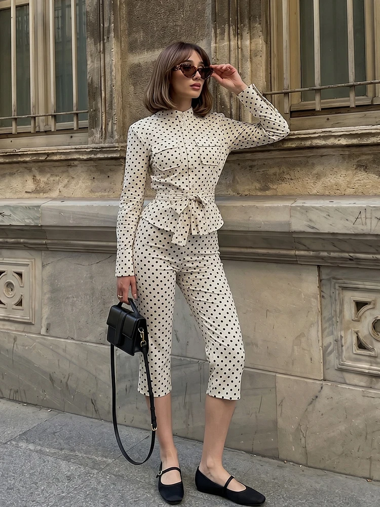 HH Retro Polka-dot Suit Summer New Women's Fashion Versatile Long Shirt & Cropped Pants Two-piece Vacation Business Sports Set thumbnail 6