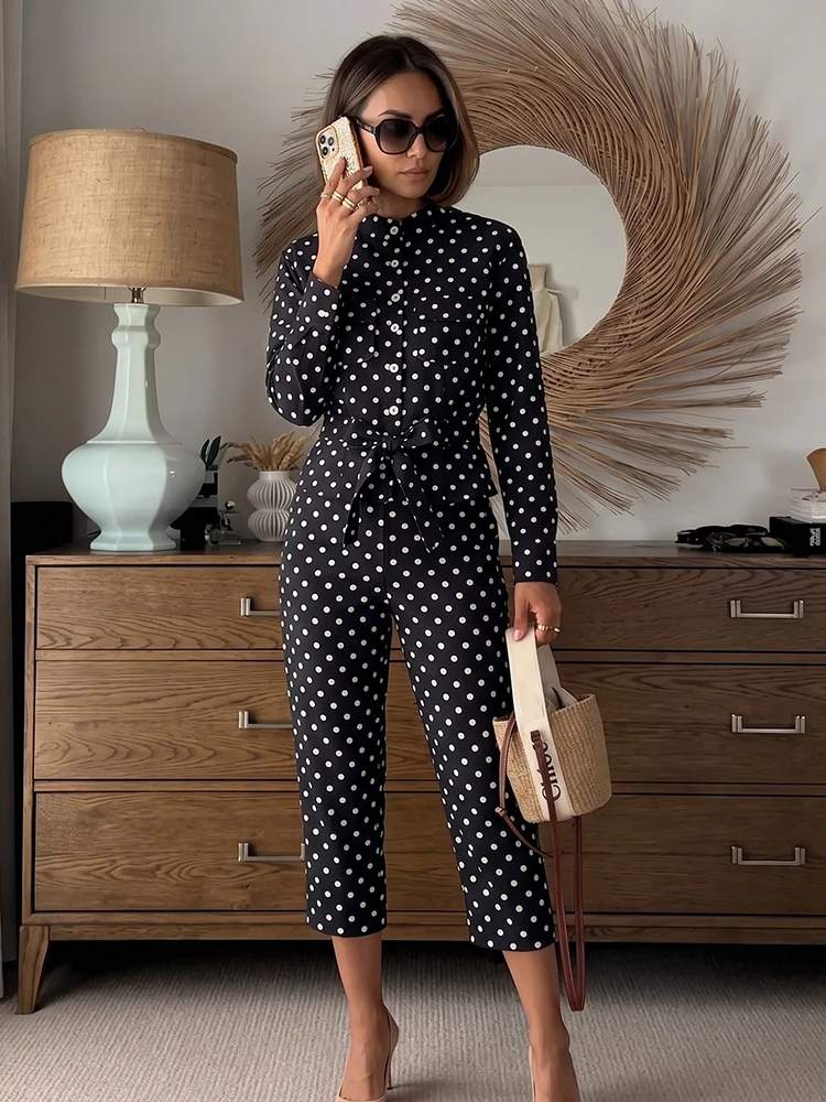 HH Retro Polka-dot Suit Summer New Women's Fashion Versatile Long Shirt & Cropped Pants Two-piece Vacation Business Sports Set thumbnail 5
