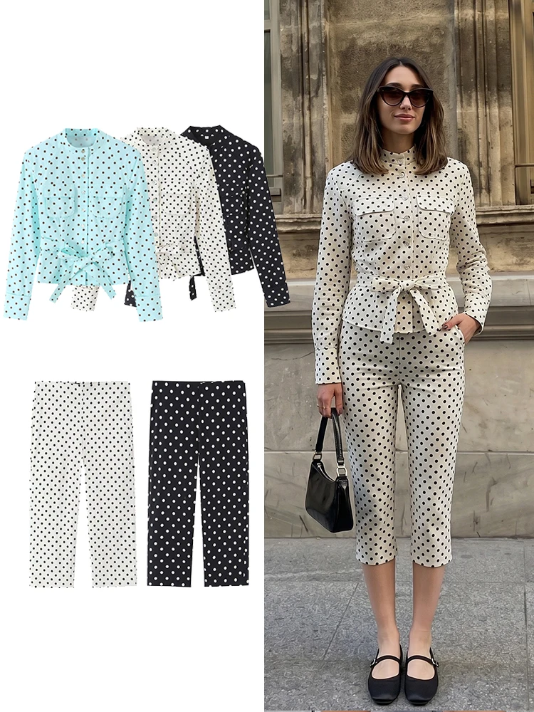 HH Retro Polka-dot Suit Summer New Women's Fashion Versatile Long Shirt & Cropped Pants Two-piece Vacation Business Sports Set thumbnail 2