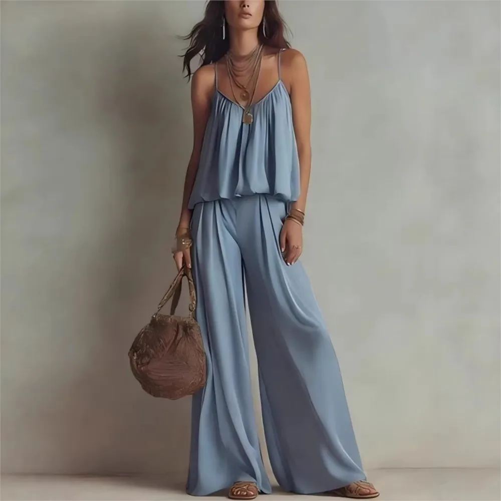 Camisole High-waisted Wide-leg Casual Pants Two-piece Set Summer Women's Square Collar Solid Color Trousers Suit Костюм Женский thumbnail 5