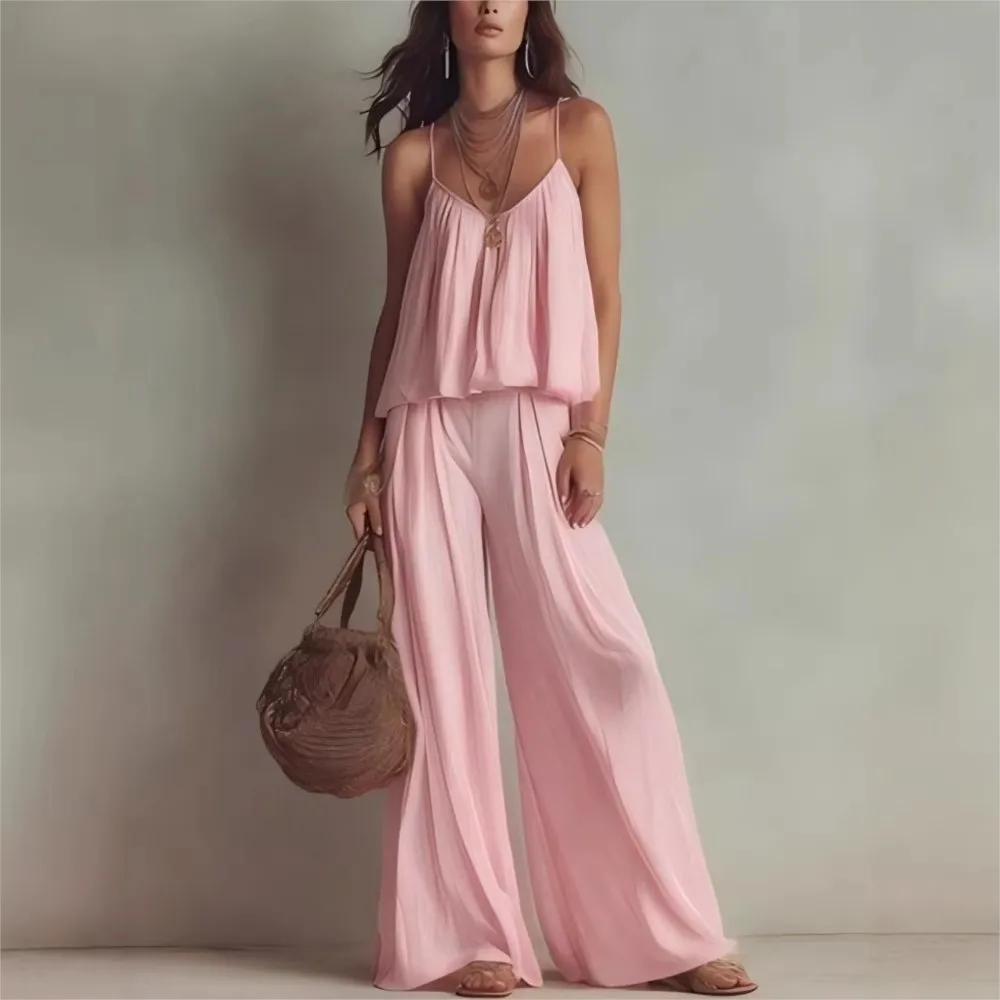 Camisole High-waisted Wide-leg Casual Pants Two-piece Set Summer Women's Square Collar Solid Color Trousers Suit Костюм Женский thumbnail 3
