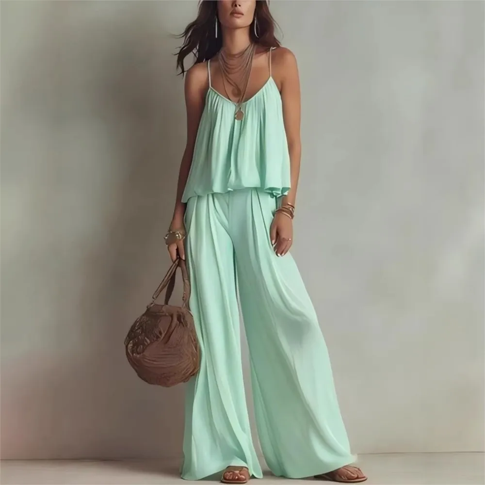 Camisole High-waisted Wide-leg Casual Pants Two-piece Set Summer Women's Square Collar Solid Color Trousers Suit Костюм Женский thumbnail 4