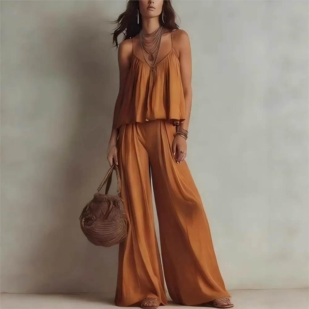 Camisole High-waisted Wide-leg Casual Pants Two-piece Set Summer Women's Square Collar Solid Color Trousers Suit Костюм Женский thumbnail 2