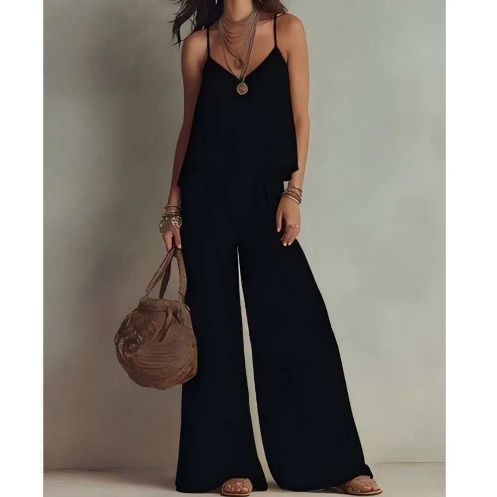 Camisole High-waisted Wide-leg Casual Pants Two-piece Set Summer Women's Square Collar Solid Color Trousers Suit Костюм Женский thumbnail 6
