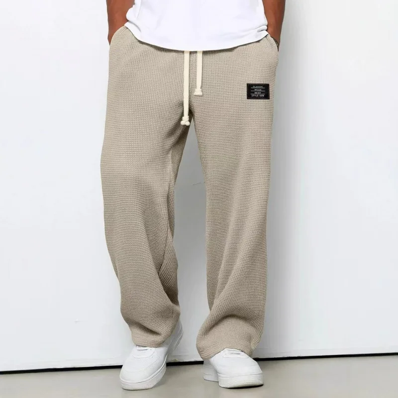 American Style Men's Waffle Textured Wide Leg Sweatpants Drawstring Elastic Waist Casual Loose Fit Streetwear Joggers thumbnail 2