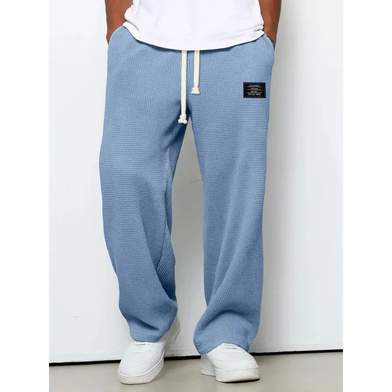 American Style Men's Waffle Textured Wide Leg Sweatpants Drawstring Elastic Waist Casual Loose Fit Streetwear Joggers thumbnail 4