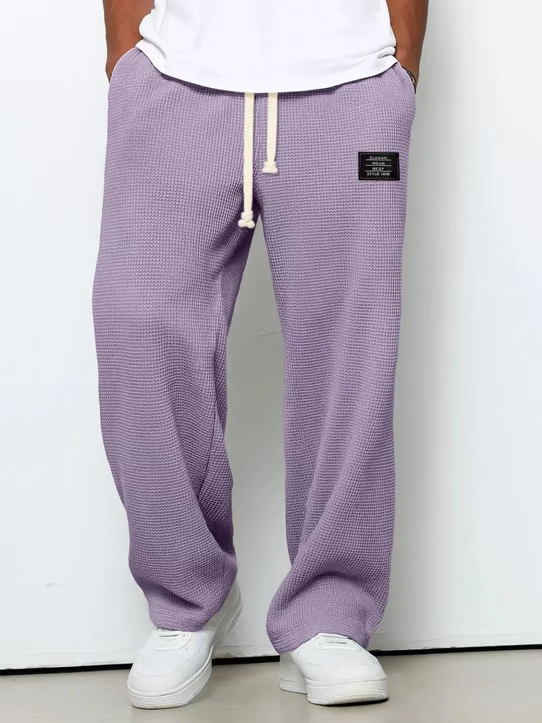 American Style Men's Waffle Textured Wide Leg Sweatpants Drawstring Elastic Waist Casual Loose Fit Streetwear Joggers thumbnail 5