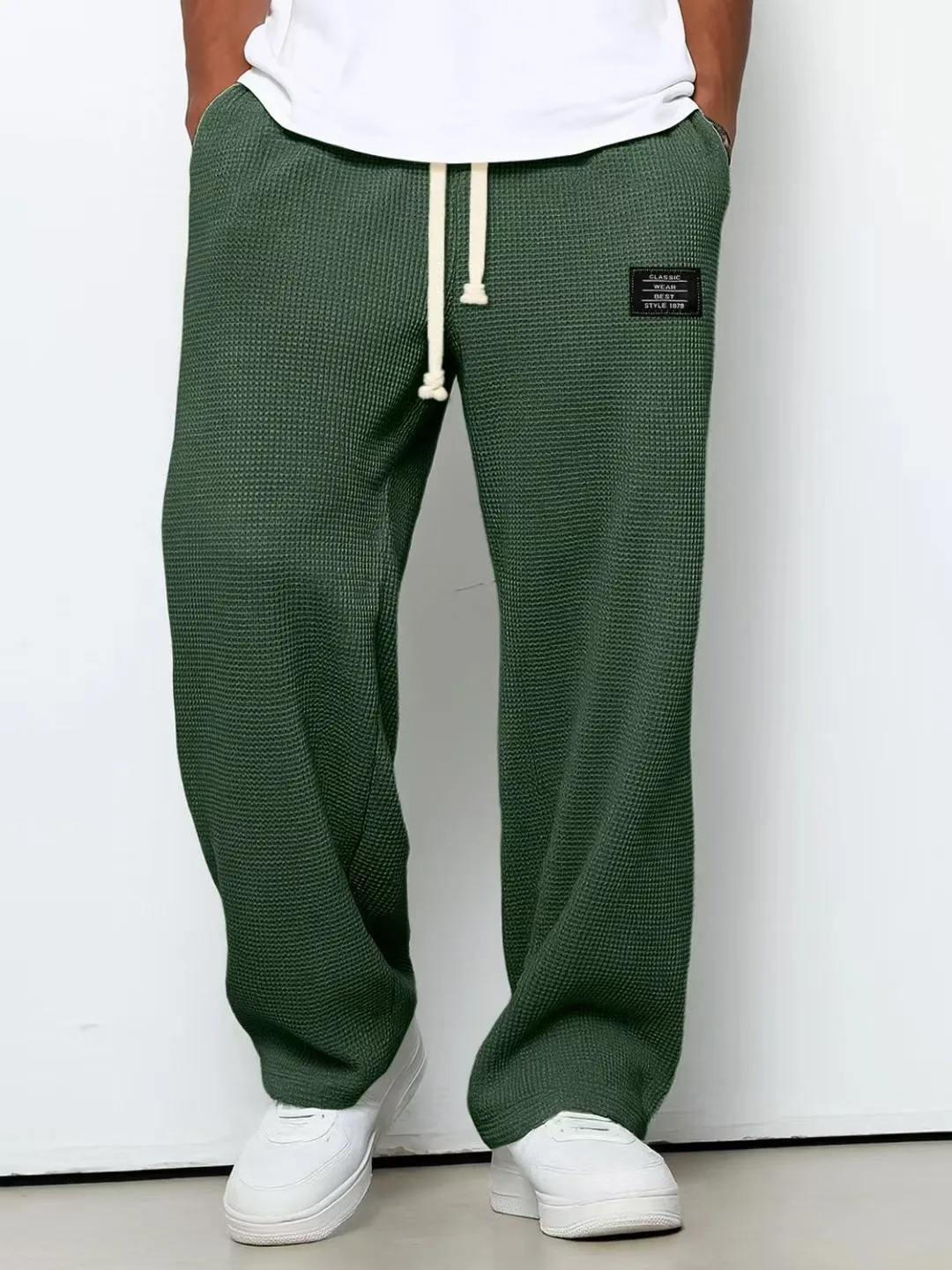 American Style Men's Waffle Textured Wide Leg Sweatpants Drawstring Elastic Waist Casual Loose Fit Streetwear Joggers thumbnail 3