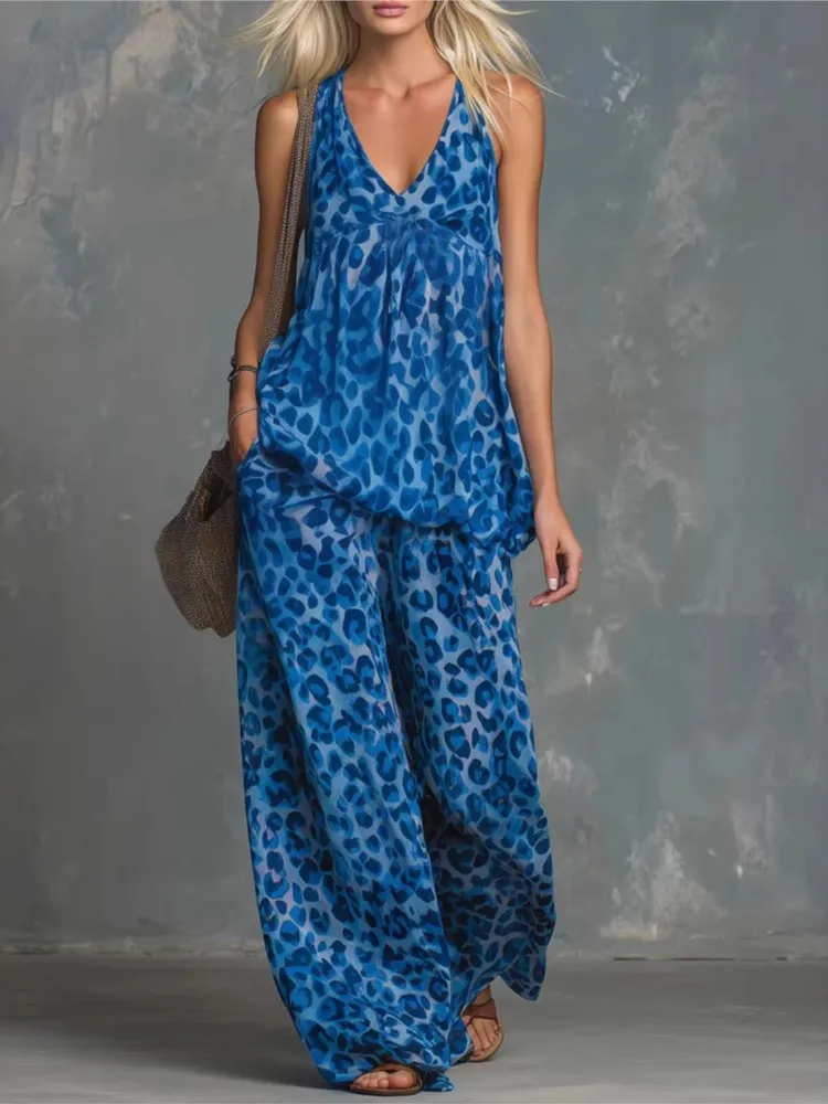 Fashion Two-piece Set - Loose Leopard Print Sleeveless Top Chiffon Long Pants For Women Summer Casual Woman 2 Piece Set Outfit thumbnail 2