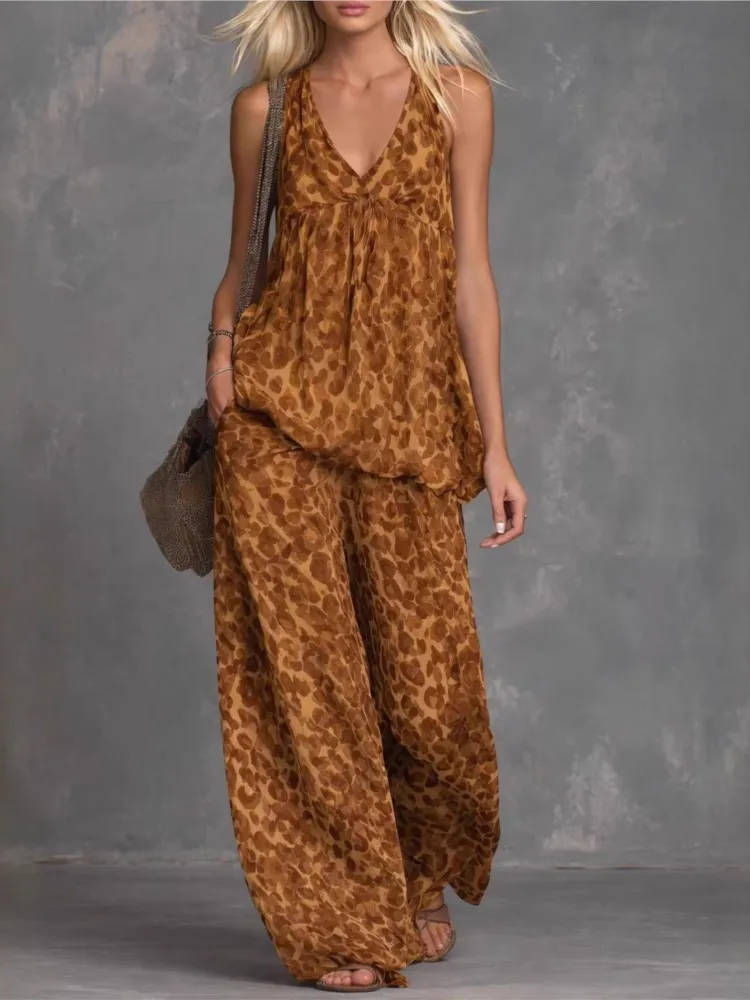 Fashion Two-piece Set - Loose Leopard Print Sleeveless Top Chiffon Long Pants For Women Summer Casual Woman 2 Piece Set Outfit thumbnail 4