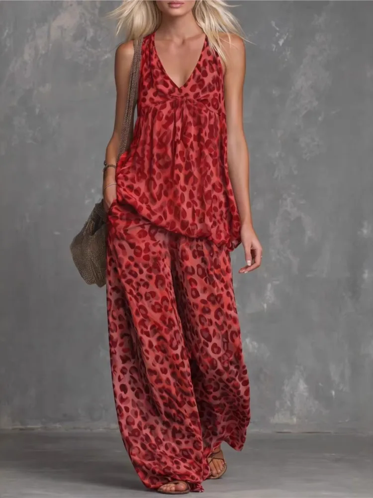 Fashion Two-piece Set - Loose Leopard Print Sleeveless Top Chiffon Long Pants For Women Summer Casual Woman 2 Piece Set Outfit thumbnail 3