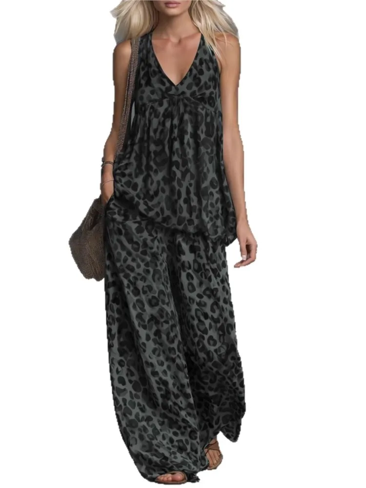 Fashion Two-piece Set - Loose Leopard Print Sleeveless Top Chiffon Long Pants For Women Summer Casual Woman 2 Piece Set Outfit thumbnail 5