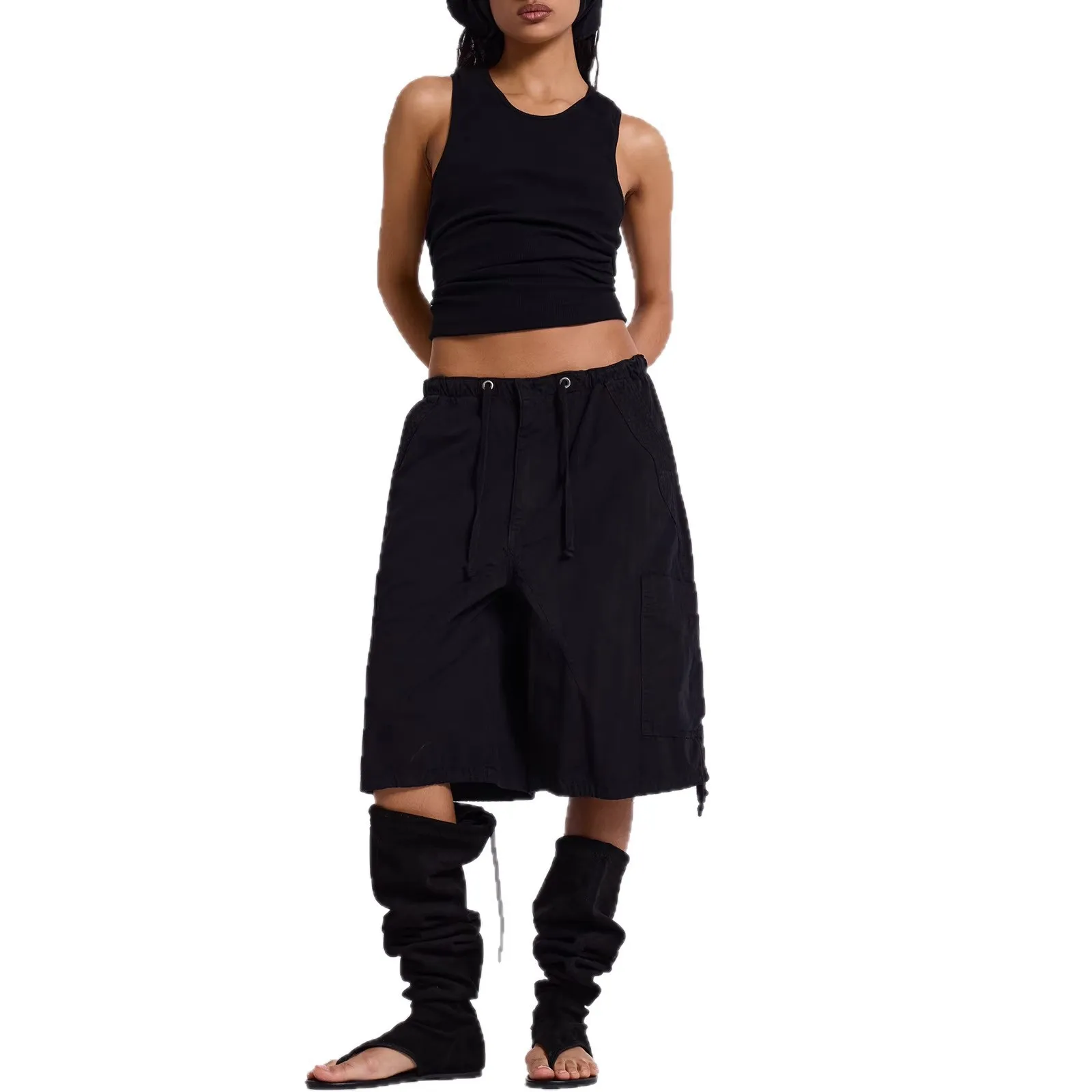 Casual Versatile Large Pocket Workwear Women's Five-Quarter Jeans Drawstring Design Straight Leg Cotton Denim Commute Style thumbnail 5
