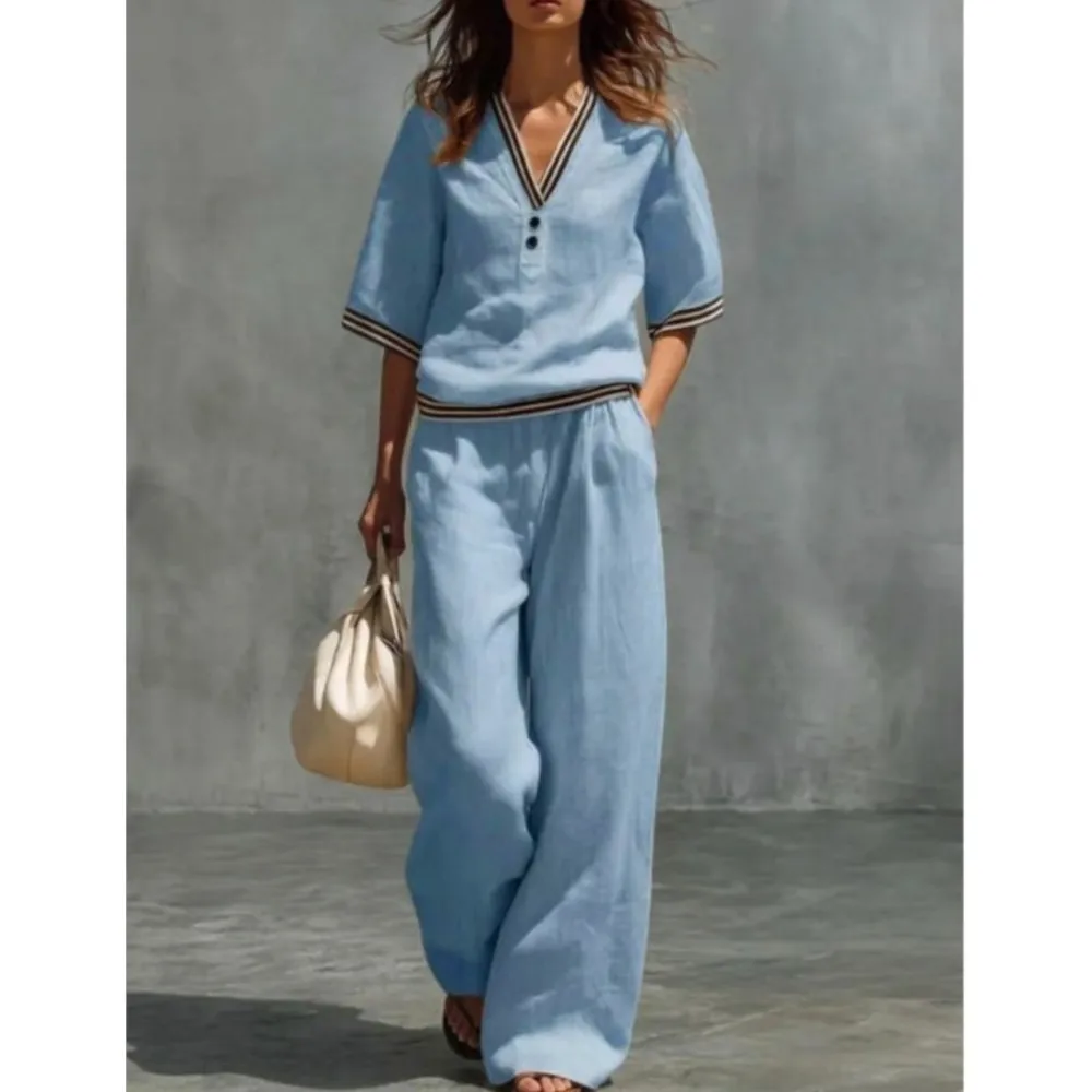 Fashion Linen Striped Color Block V-neck Short-sleeved Top Women Suit Summer Casual Daily Versatile Wide-leg Trousers-2piece Set thumbnail 2