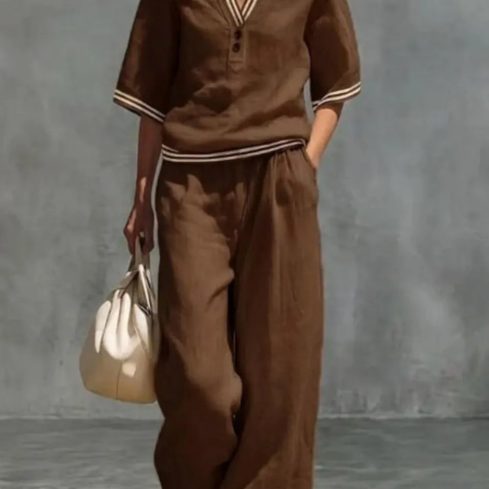 Fashion Linen Striped Color Block V-neck Short-sleeved Top Women Suit Summer Casual Daily Versatile Wide-leg Trousers-2piece Set thumbnail 5