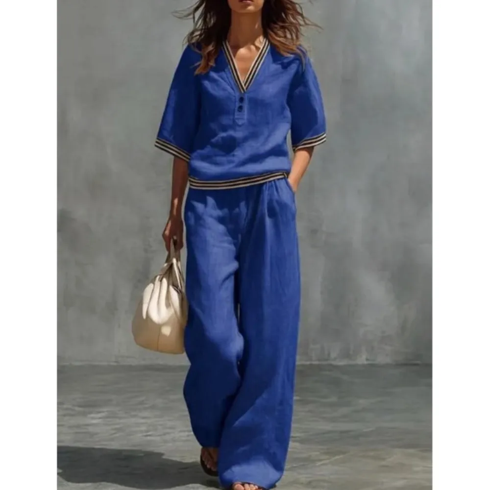 Fashion Linen Striped Color Block V-neck Short-sleeved Top Women Suit Summer Casual Daily Versatile Wide-leg Trousers-2piece Set thumbnail 4